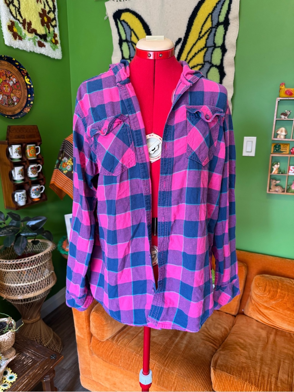 Women's Hooded Pink & Blue Plaid Button-Down Shirt